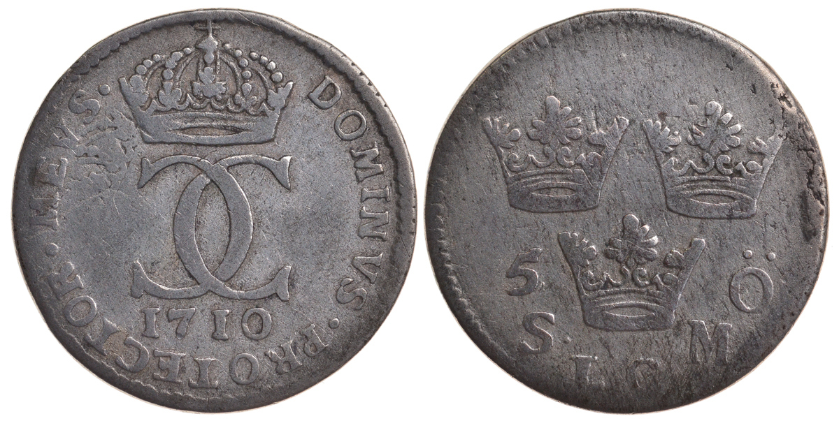 Швеция 5 эре 1710 Карл XII (1697-1718) KM 310 серебро 4179-727