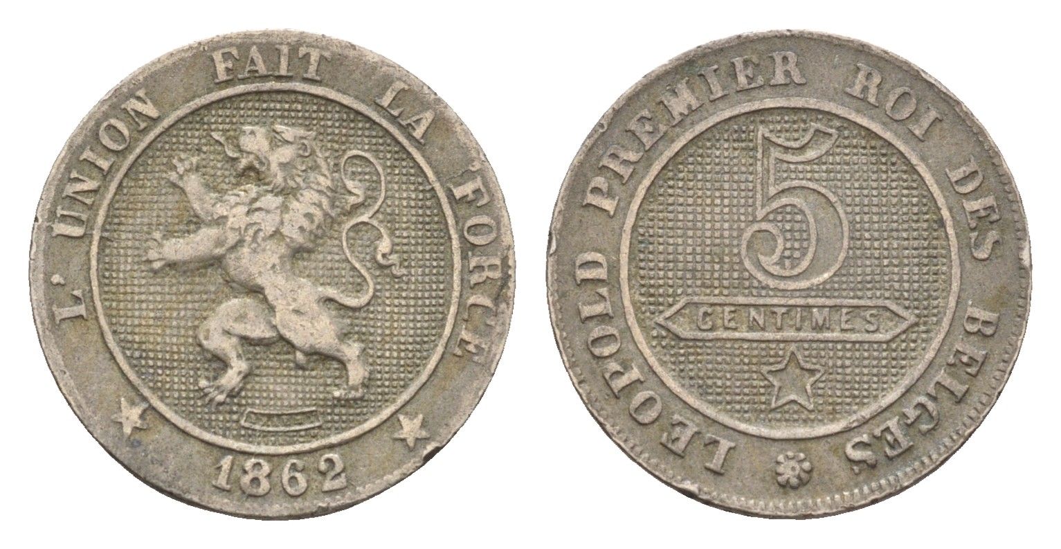 Бельгия 5 сантимов 1862 Леопольд I (1831-1865) KM 21 медно-никель 4151-568