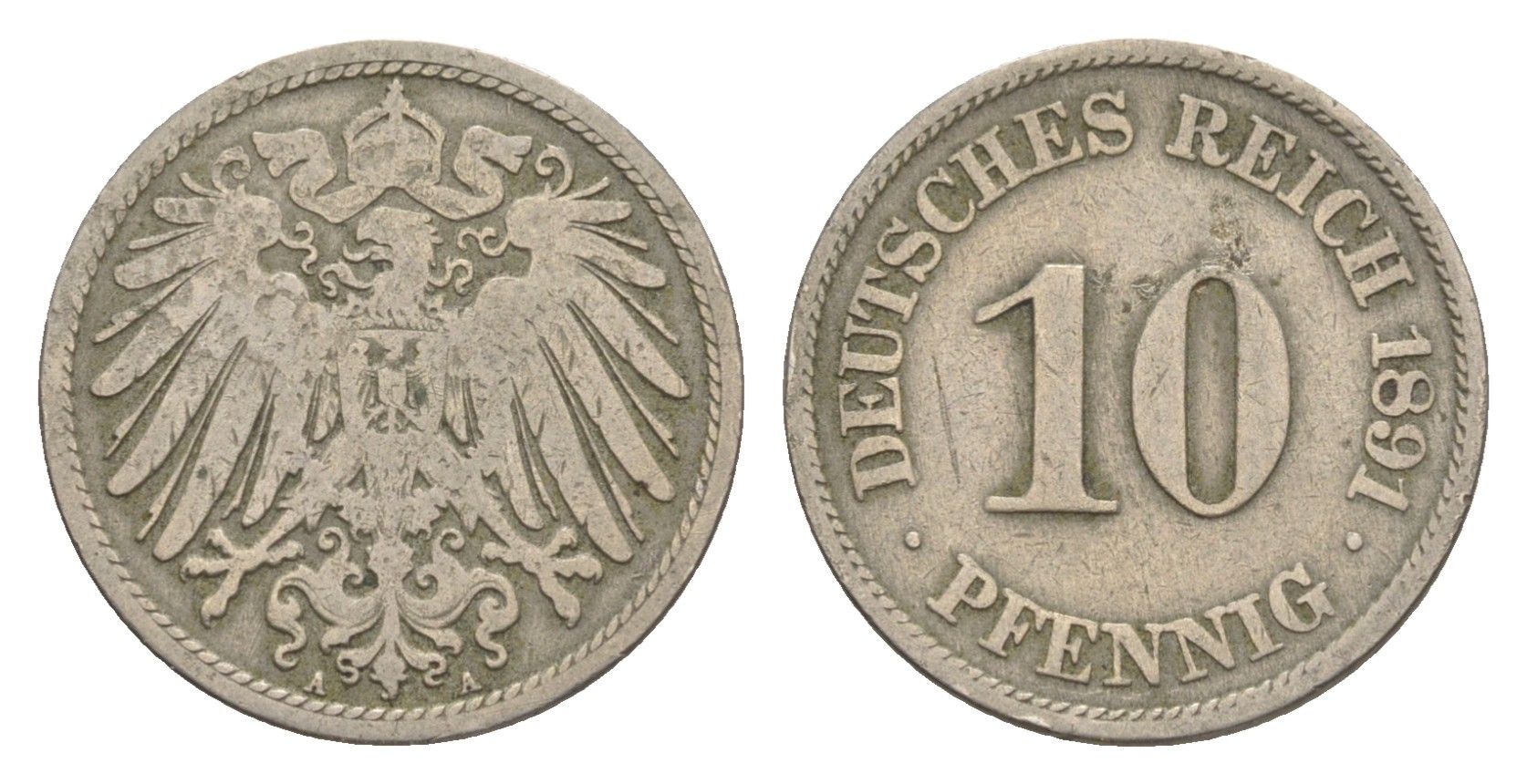 Германия 10 пфеннигов 1891 A, Вильгельм II (1888-1918) KM 12, J. 13 медно-никель 4647-868