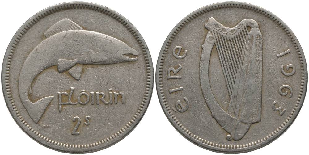 ИРЛАНДИЯ 1 ФЛОРИН = 2 ШИЛЛИНГА 1963 ЛОСОСЬ KM 15а медно-никель 114-143
