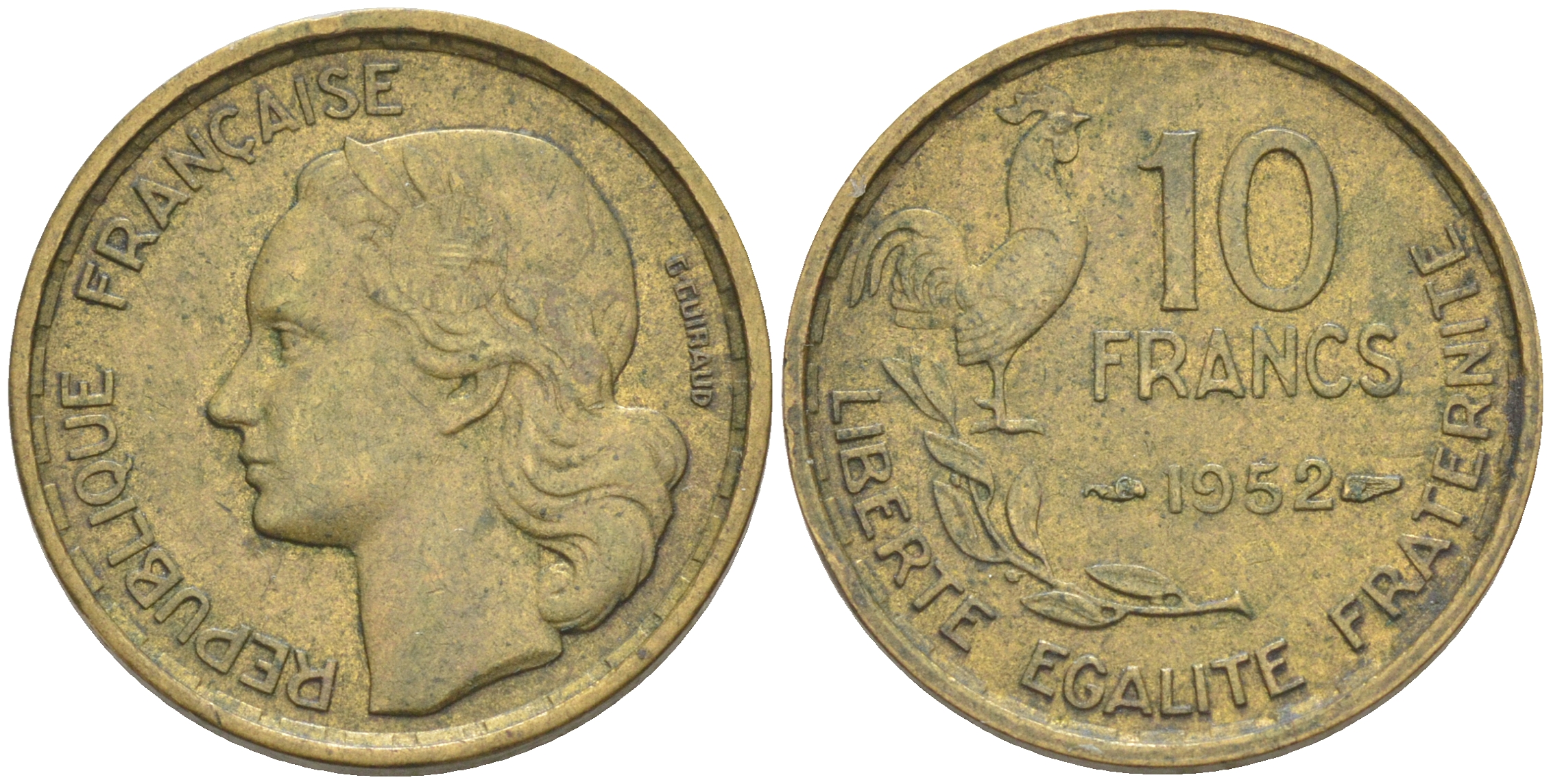 Франция 10 франков 1952 петух KM 915.1, Le Franc 363.4 алюминиевая бронза 187-732