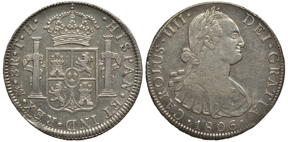 Мексика 8 реалов 1806 TH, Mo, монетный двор Мехико, Карл IV Испанский (1788-1808) состояние KM 109 серебро 00-811-38