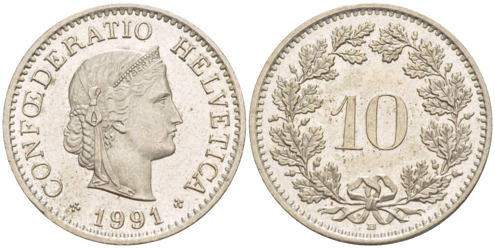 ШВЕЙЦАРИЯ 10 РАППЕНОВ 1991 В KM 27 медно-никель 4529-754