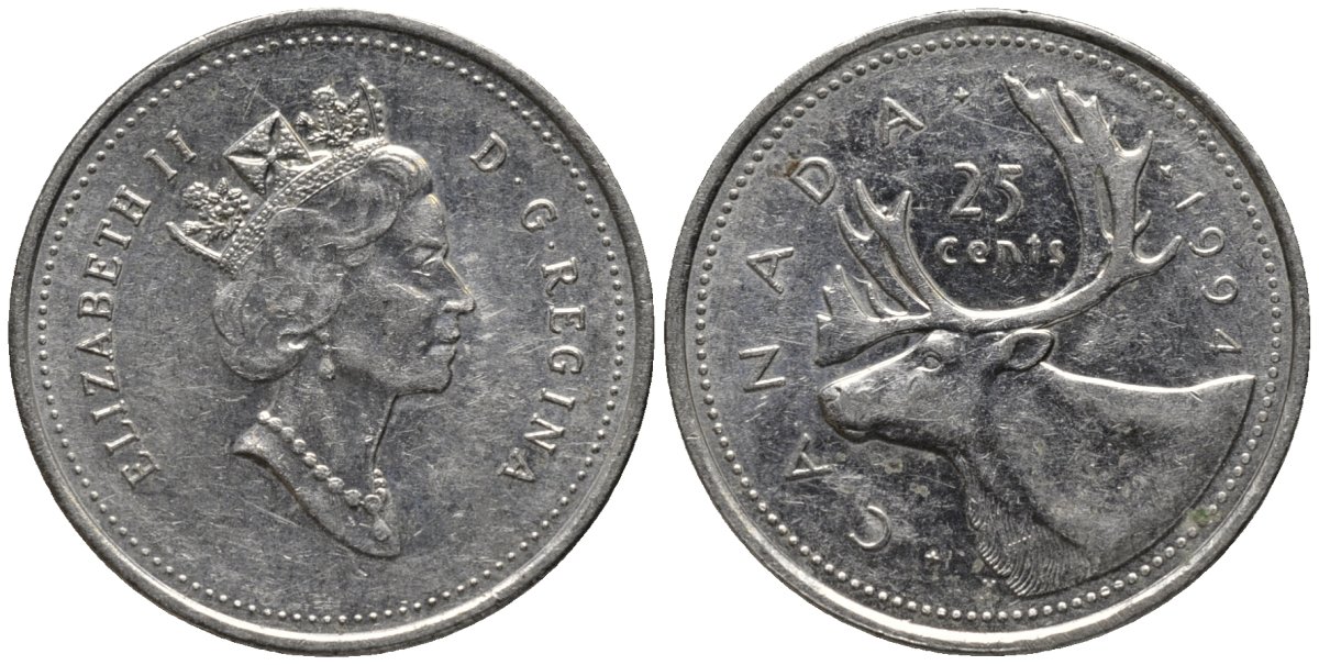 Канада 25 центов 1994 олень, Елизавета II (1952-) KM 184 никель 4577-845