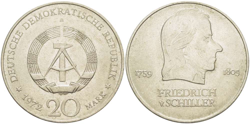 ГДР 20 марок 1972 А, Фридрих Шиллер (1759-1805) KM 40 медно-никель 4521-626