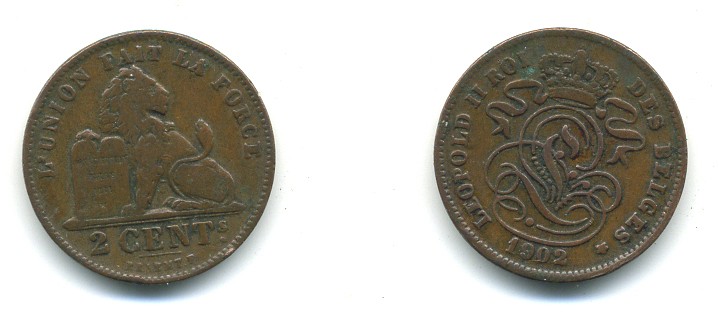 БЕЛЬГИЯ 2 САНТИМА 1902 BELGES KM 35.1 медь 84-216
