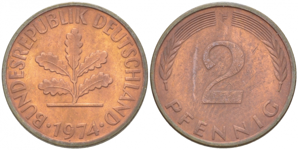 ФРГ 2 ПФЕННИГА 1974 F KM 106a, J.381a сталь плакированная сталь плакированная медьюю 3996-1112