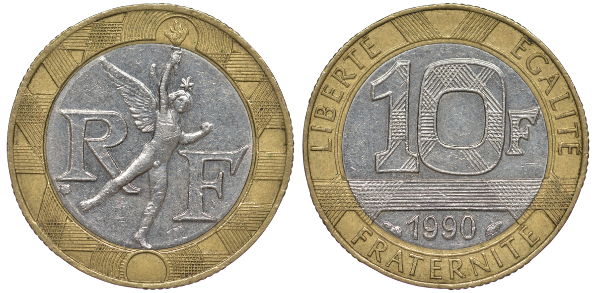Франция 10 франков 1990 тип Гений Бастилии KM 964.1, Le Frank 375.5 биметалл 45-725
