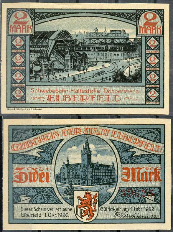 Германия, Эльберфельд 2 марки 1922 нотгельд, городские виды, голубая Mehl 324.1 бумага UNC (пресс) 00-00