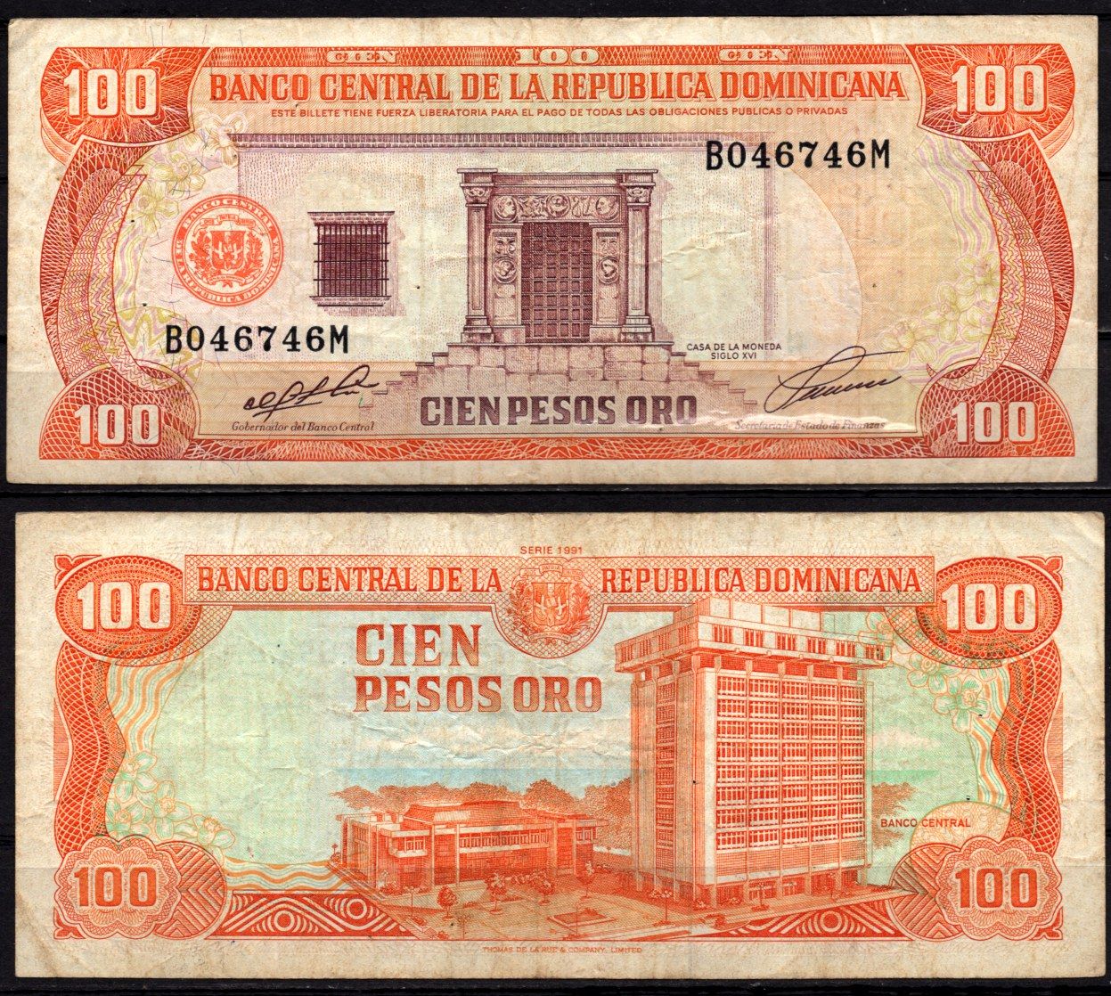 Доминиканская республика 100 песо оро 1991 Монетный двор (XVI век), здание Центрального банка, Санто-Доминго Pick 136 a бумага 6299-14-2-1