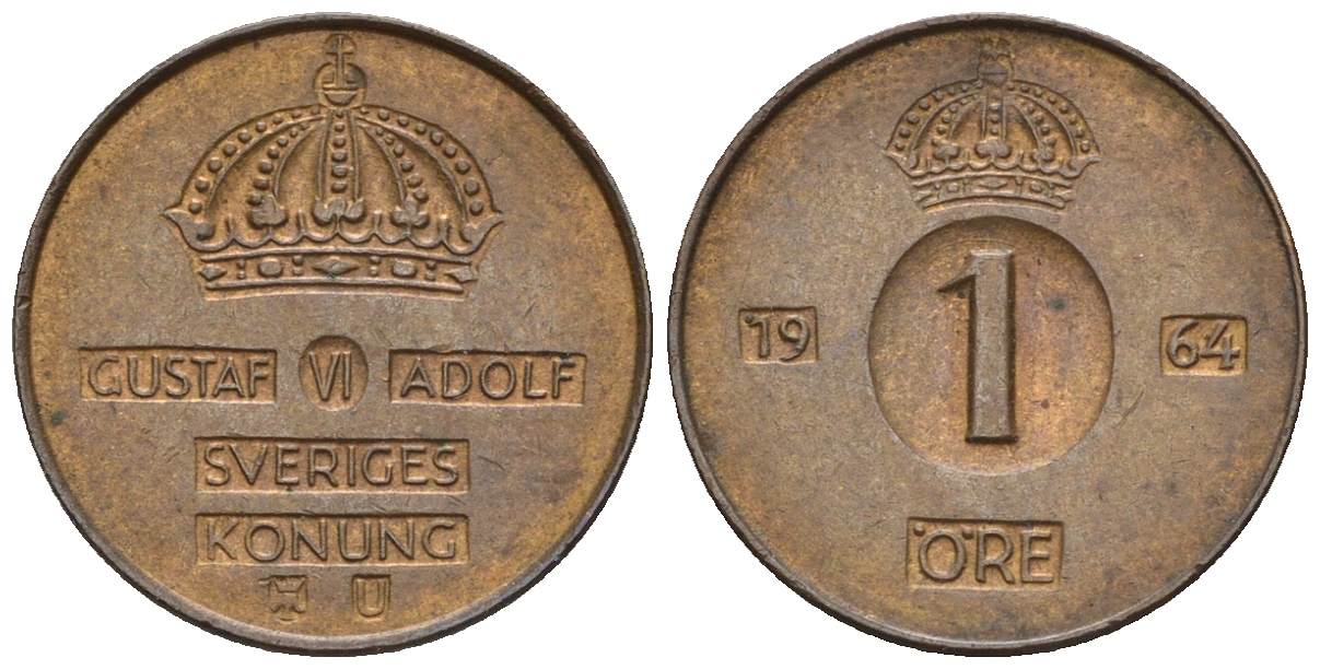 Швеция 1 эре 1964 U, Густав VI Адольф (1950-1973) KM 820 бронза 4609-1068