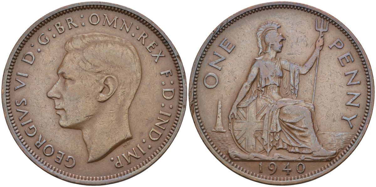 Великобритания 1 пенни 1940 Георг VI (1936-1952) KM 845, Spink 4114 бронза 4117-836