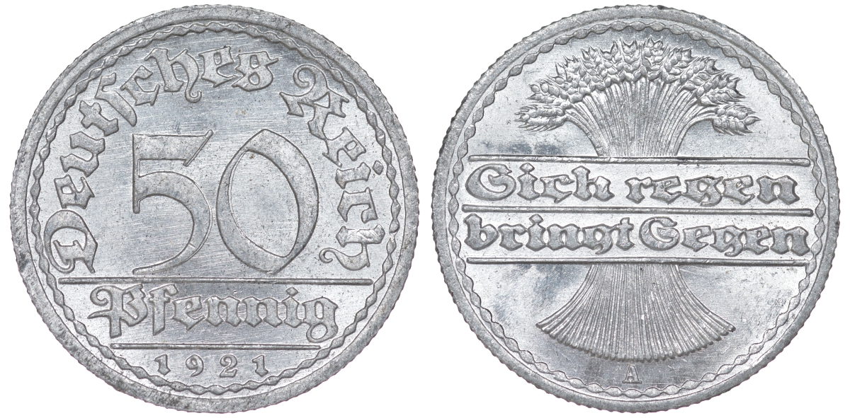 Германия 50 пфеннигов 1921 A KM 27, J. 301 алюминий aUNC 4114-725