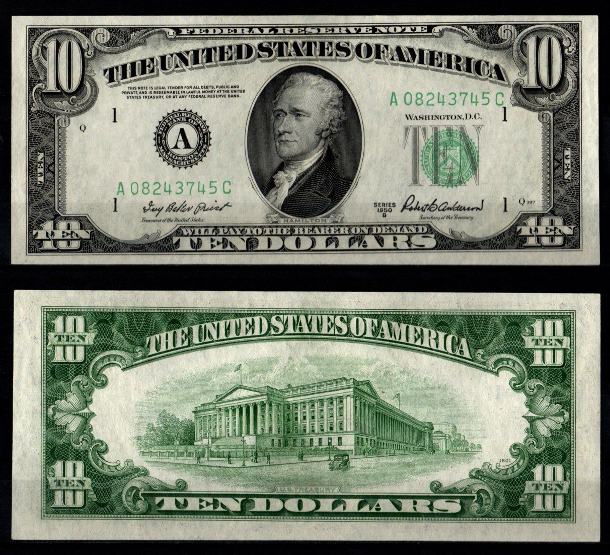 США 10 долларов 1950 Александр Гамильтон. Министерство финансов Соединенных Штатов, Вашингтон, округ Колумбия Pick 439 b, Fr. 2012-A бумага UNC (пресс) 451-1277-3