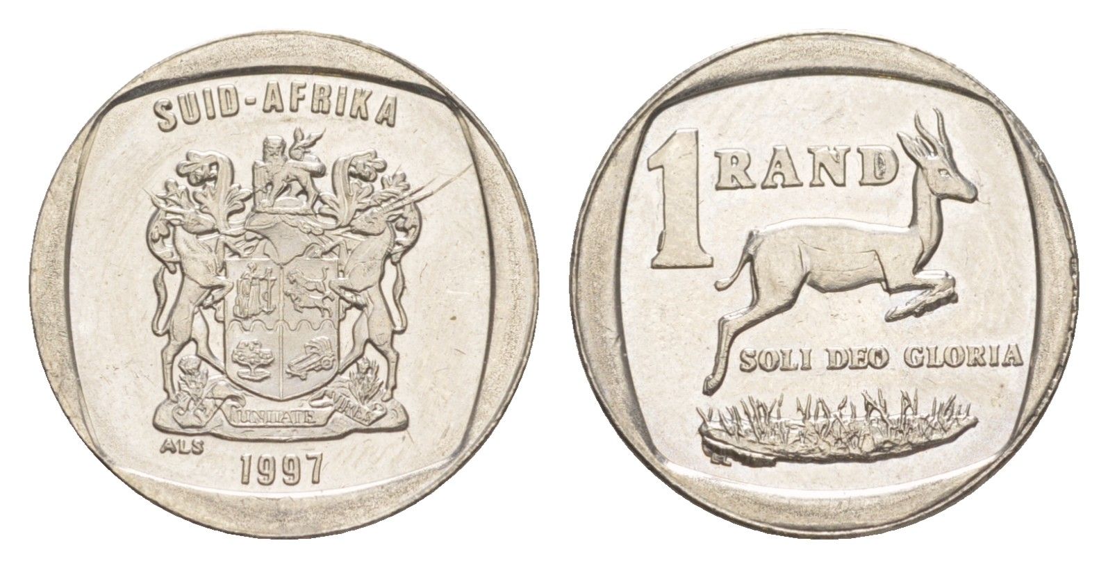 ЮАР 1 ранд 1997 антилопа спрингбок, герб KM 164 медь плакированная никелем UNC 4618-846