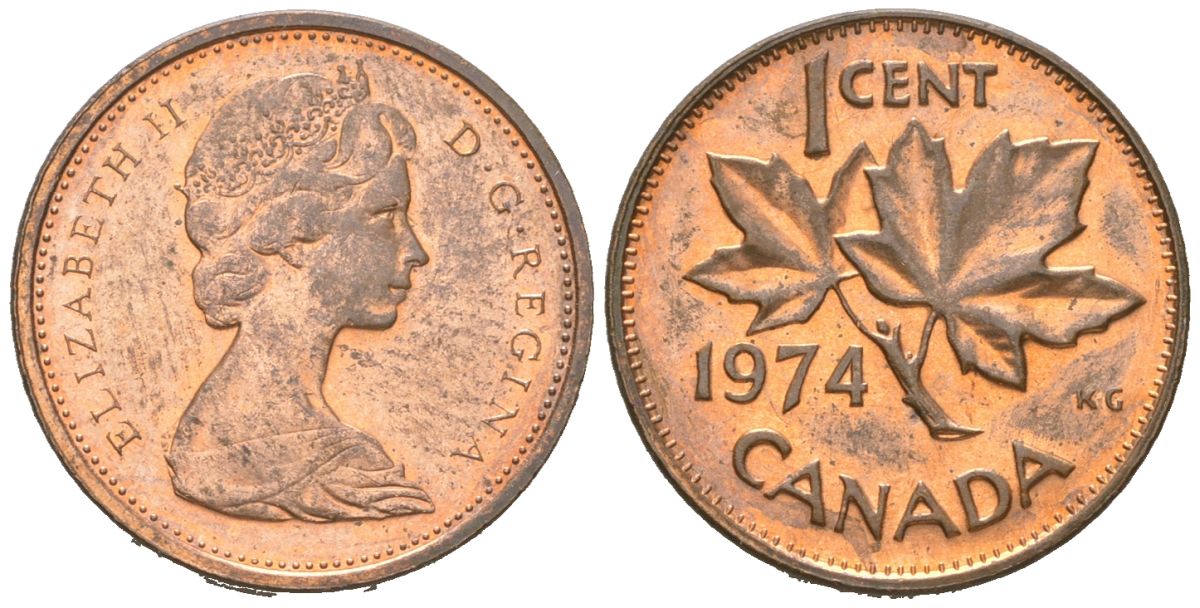 Канада 1 цент 1974 Елизавета II (1952-2022), кленовый лист KM 59.1 бронза aUNC 4596-213