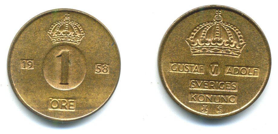 Швеция 1 эре 1958 T;S, Густав VI Адольф (1950-1973) KM 820 бронза 23-952