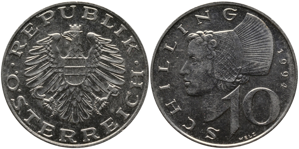 АВСТРИЯ 10 ШИЛЛИНГОВ 1994 KM 2918 никель плакированный медно-никелем 33-655