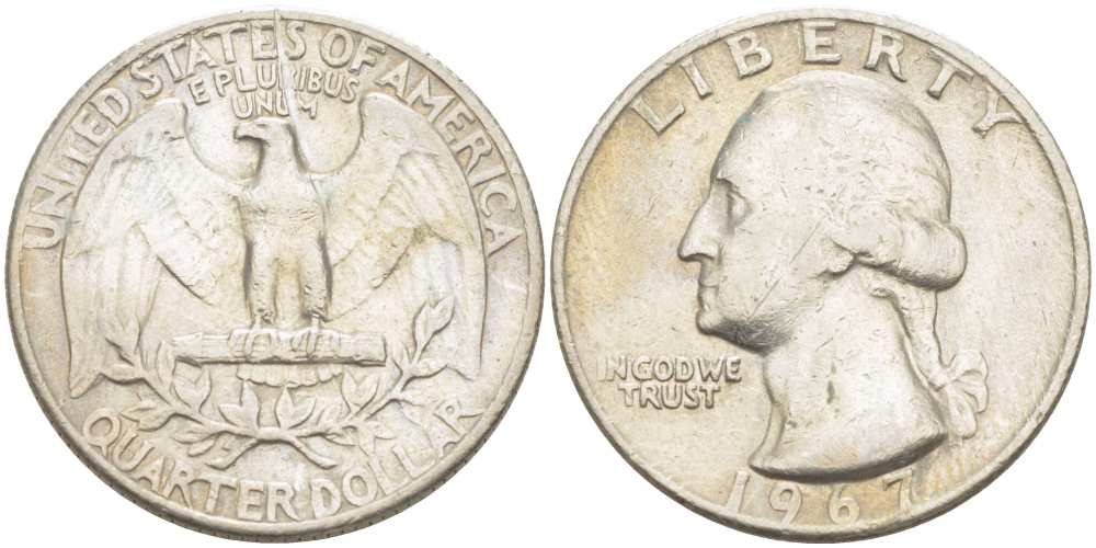 США 25 центов (квотер) 1967 Вашингтон KM 164a медь плакированная медно-никелем 4402-325