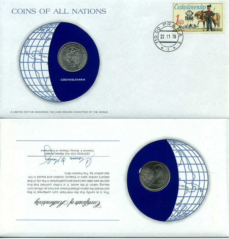 Чехословакия 2 кроны 1974 конверт с маркой первого дня гашения, Coins of Nations KM 75 медно-никель UNC 4294-49-2