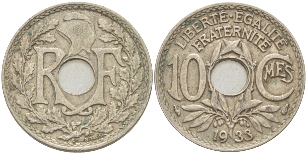 ФРАНЦИЯ 10 САНТИМОВ 1933 ТИП ЛИНДАЙЁ KM 866а медно-никель 4402-811