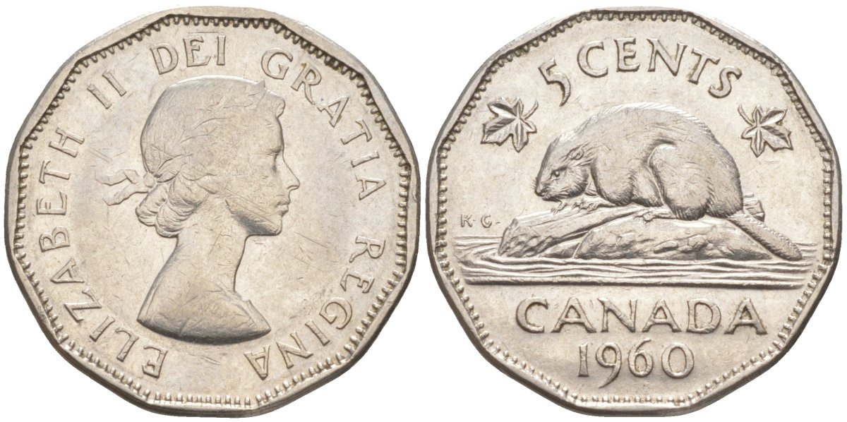 Канада 5 центов 1960 Елизавета II, бобёр KM 50а никель 219-952
