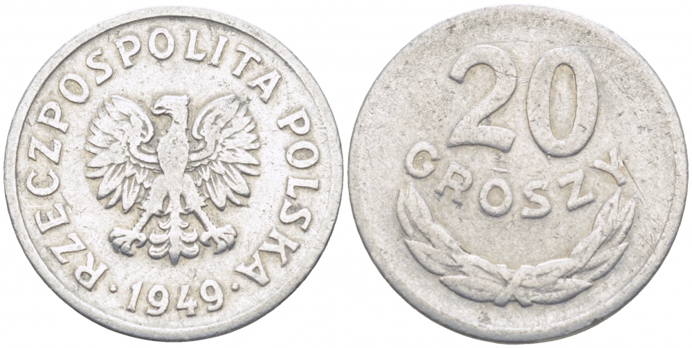 Польша 20 грошей 1949 KM 43а, Parchimowicz 207b алюминий 112-1241
