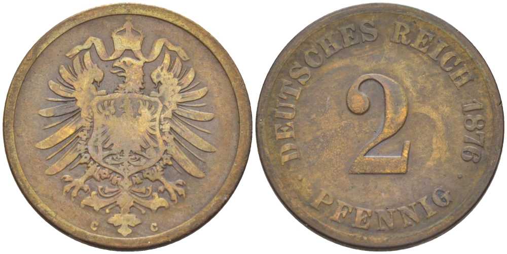 Германия 2 пфеннига 1876 C, старогербовка KM 2, Jager 2, Weege 3 медь 212-613