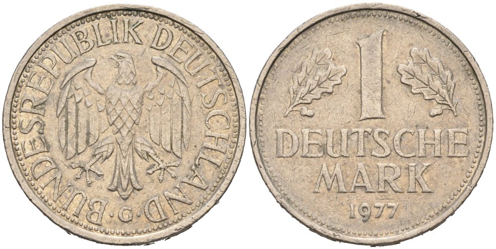 ФРГ 1 МАРКА 1977 G KM 110, J. 385 медно-никель 92-917