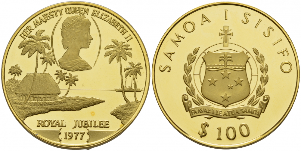 Самоа 100 тала 1977 25 лет правления Елизаветы II KM 25 золото PROOF 00-000-00