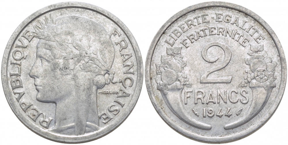 ФРАНЦИЯ 2 ФРАНКА 1944 KM 886а.1 алюминий 114-743