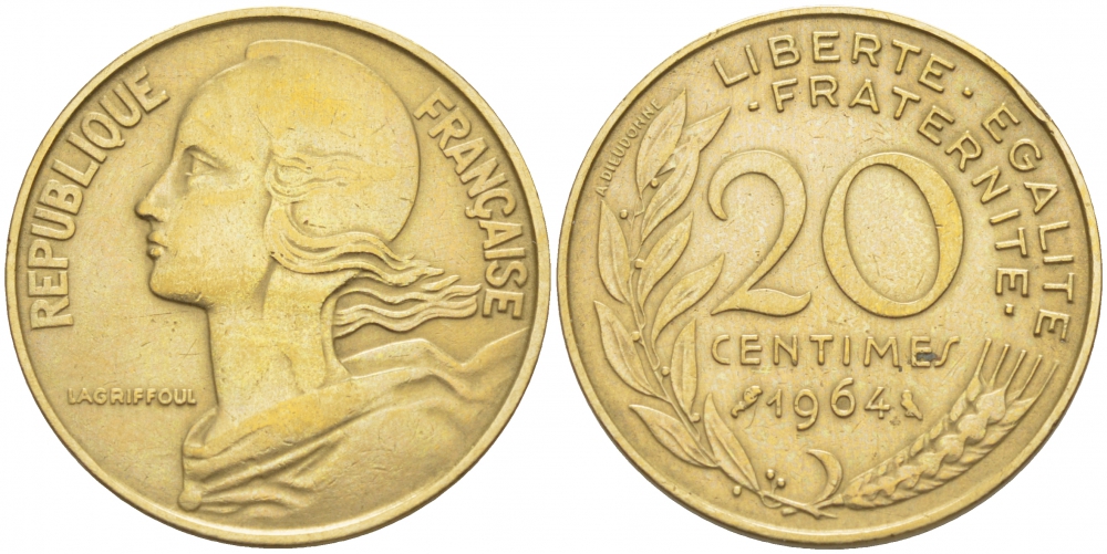 ФРАНЦИЯ 20 САНТИМОВ 1964 ТИП MARIANNE KM 930, LE FRANC 156.4 алюминиевая бронза 113-1225