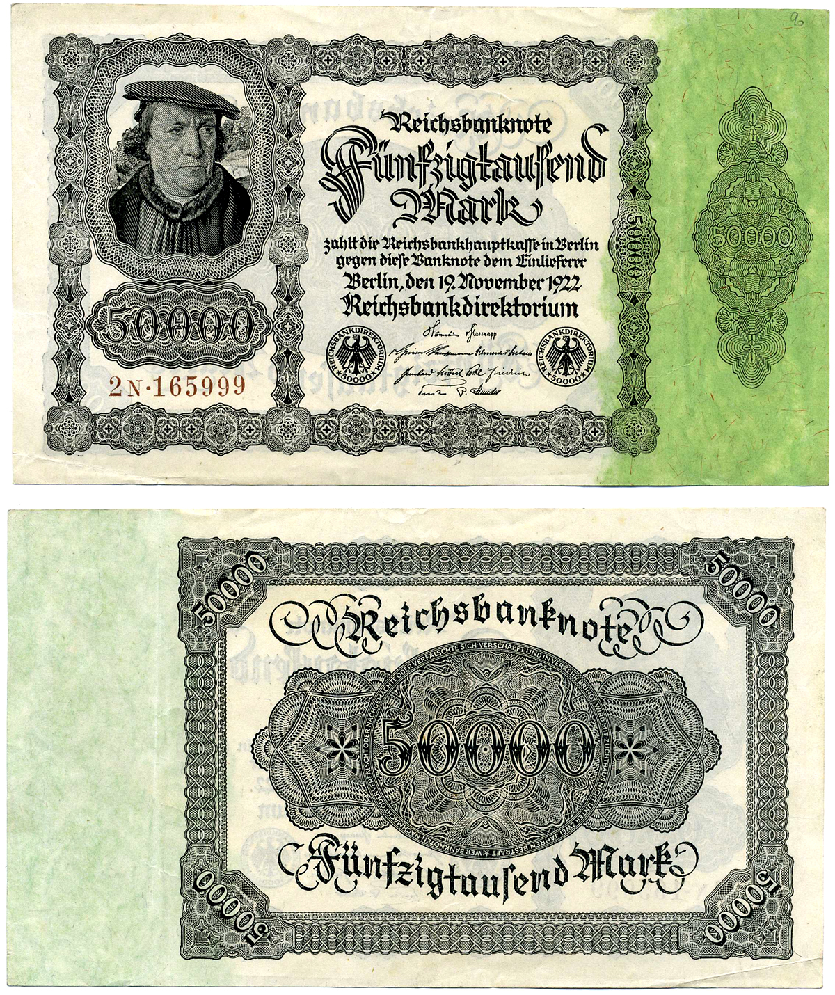 ГЕРМАНИЯ 50000 МАРОК 1922 19 НОЯБРЯ 1922, НОМЕР ШЕСТИЗНАЧНЫЙ, СЕРИЯ N Pick 79, Роземберг 79d бумага XF 7553-44-1