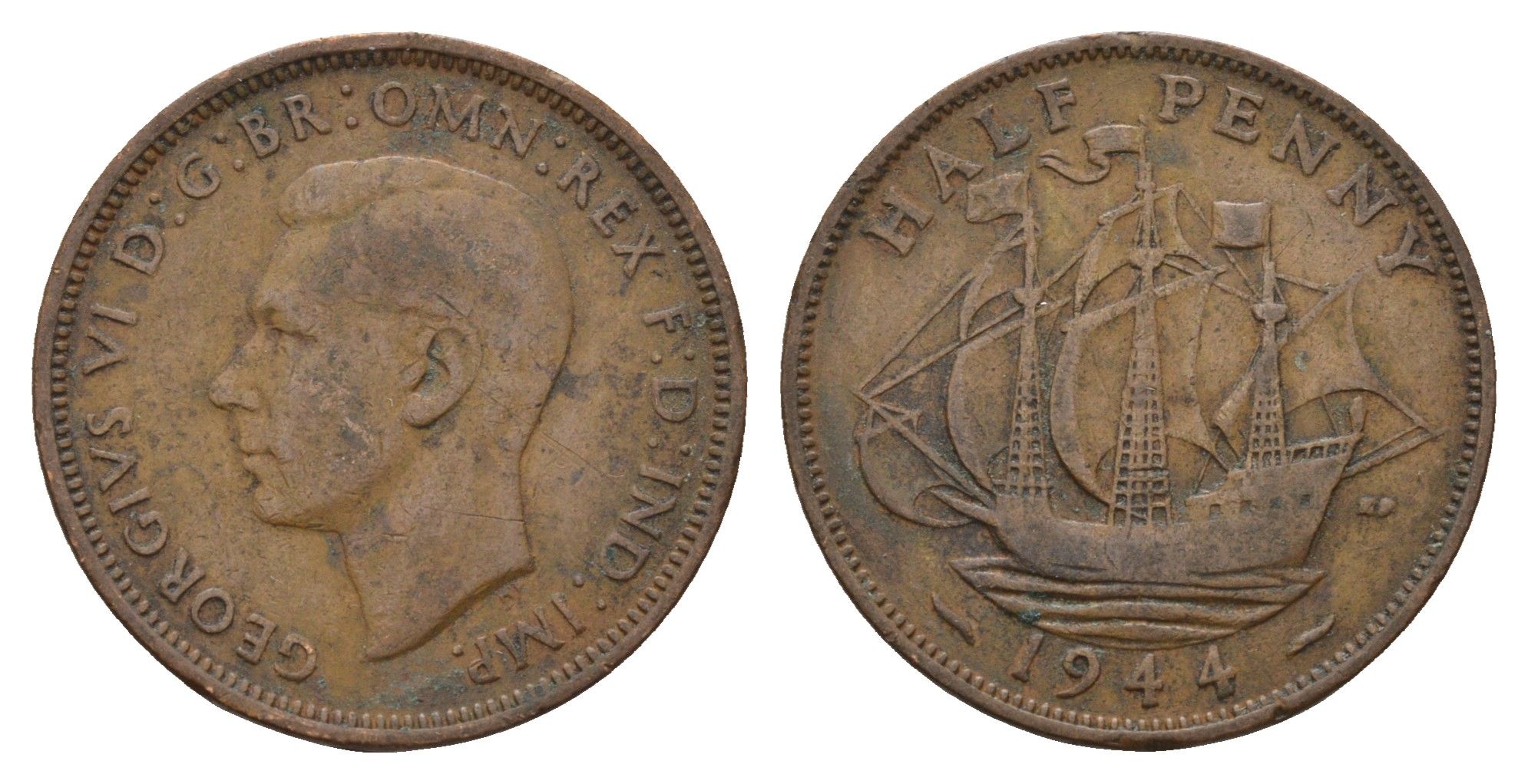 Великобритания 1/2 пенни 1944 Георг VI (1936-1952) KM 844, Spink 4115 бронза 4675-421