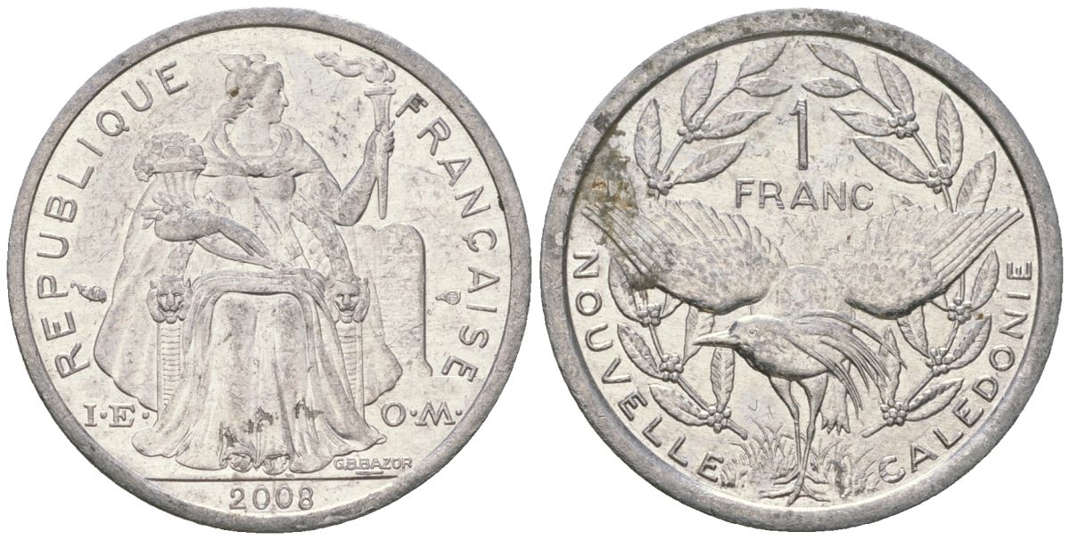 Французская Новая Каледония 1 франк 2008 птица кагу, (IEOM) KM 10, Schoen 10 алюминий 55-634