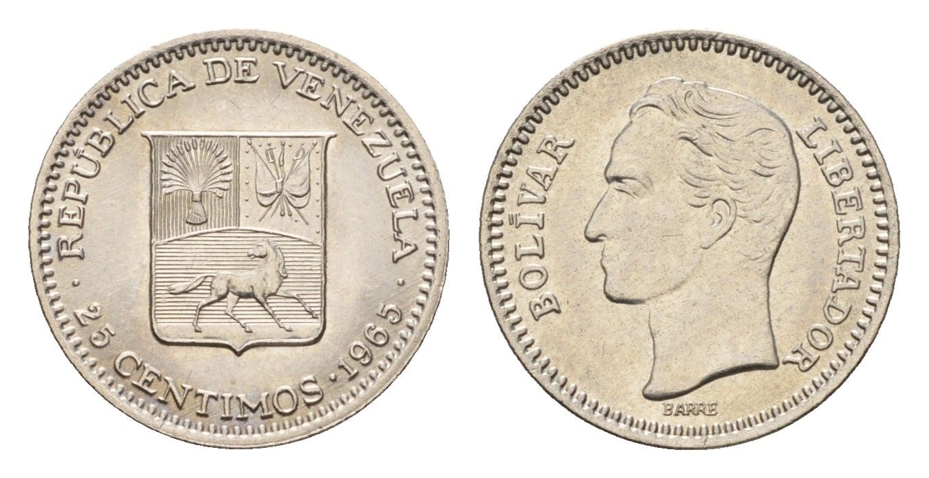 Венесуэла 25 сентимо 1965 Симон Боливар, год-тип Y 40 никель UNC 4669-333
