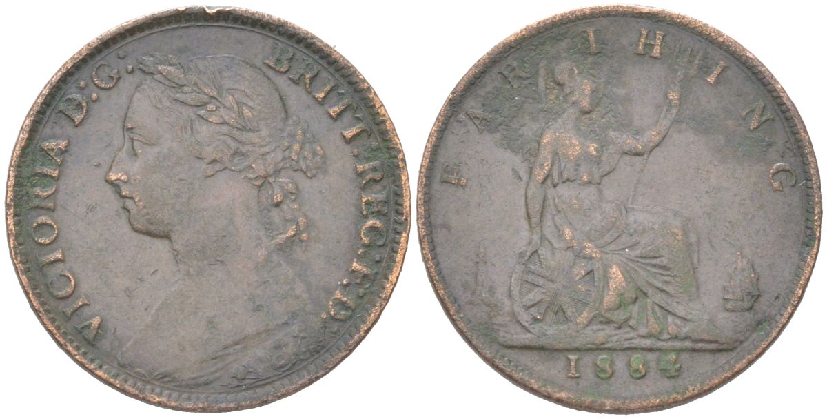 Великобритания 1 фартинг 1884 Виктория (1837-1901) KM 753, Spink 3958 бронза 4613-432