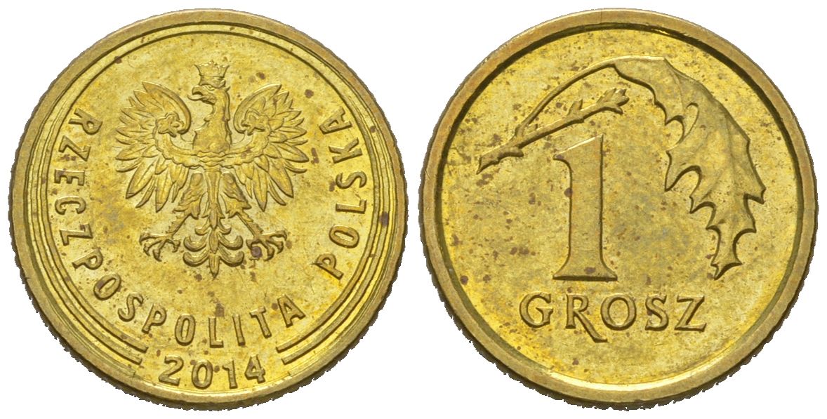 Польша 1 грош 2014 KM 923 сталь плакированная латунью aUNC 4567-856