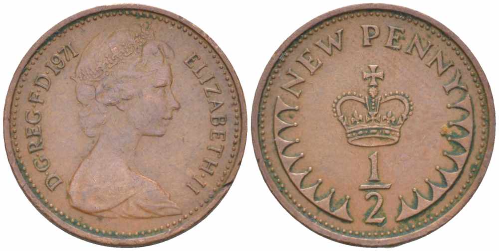 Великобритания 1/2 пенни 1971 Елизавета II (1952-2022) KM 914, Spink 4239 бронза 24-1251