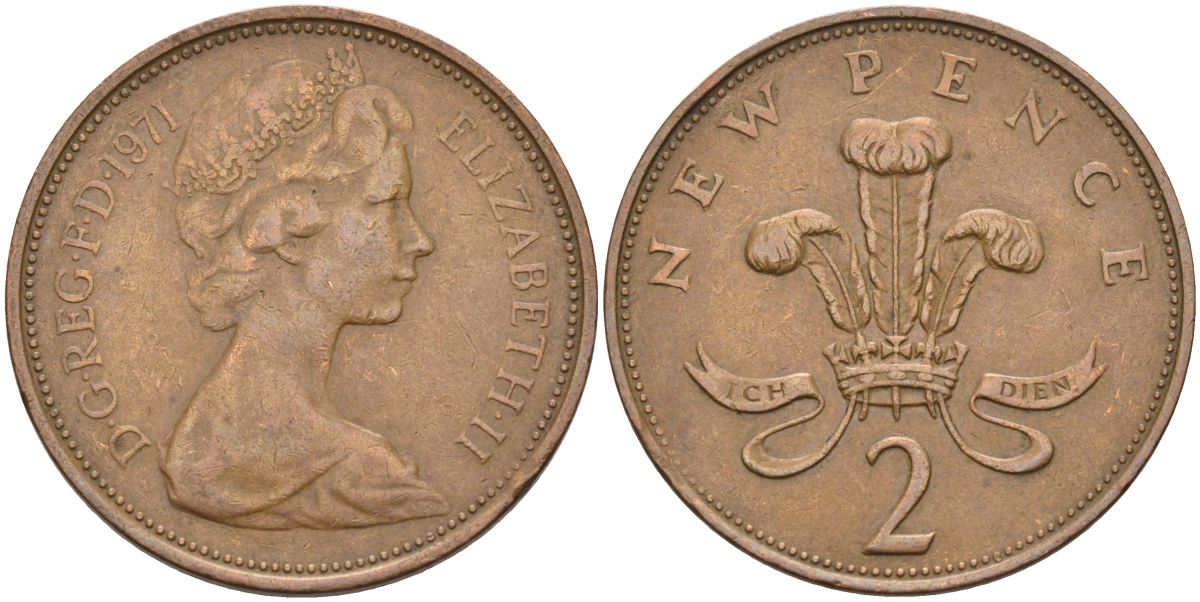 Великобритания 2 пенса 1971 Елизавета II (1952-2022) KM 916, Spink 4235 (C1) бронза 4593-823