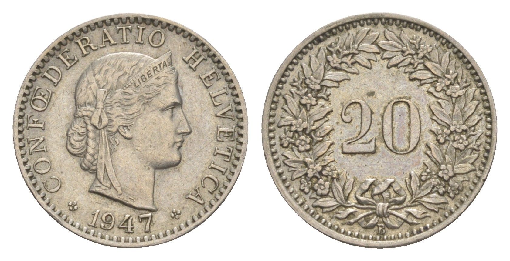 Швейцария 20 раппенов 1947 B KM 29a медно-никель 4547-245