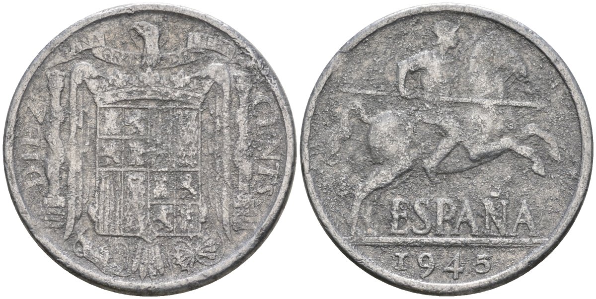 Испания 10 сентимо 1945 Франсиско Франко (1939-1975) KM 766 алюминий 4604-521