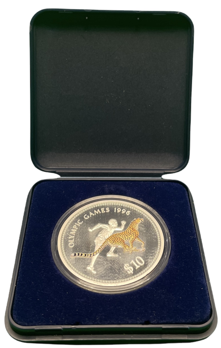 Намибия 10 долларов 1995 олимпийские игры 1996 года в Атланте США, бег с гепардом, цветная эмаль, в коробке KM 11 серебро PROOF 6-5-3-36