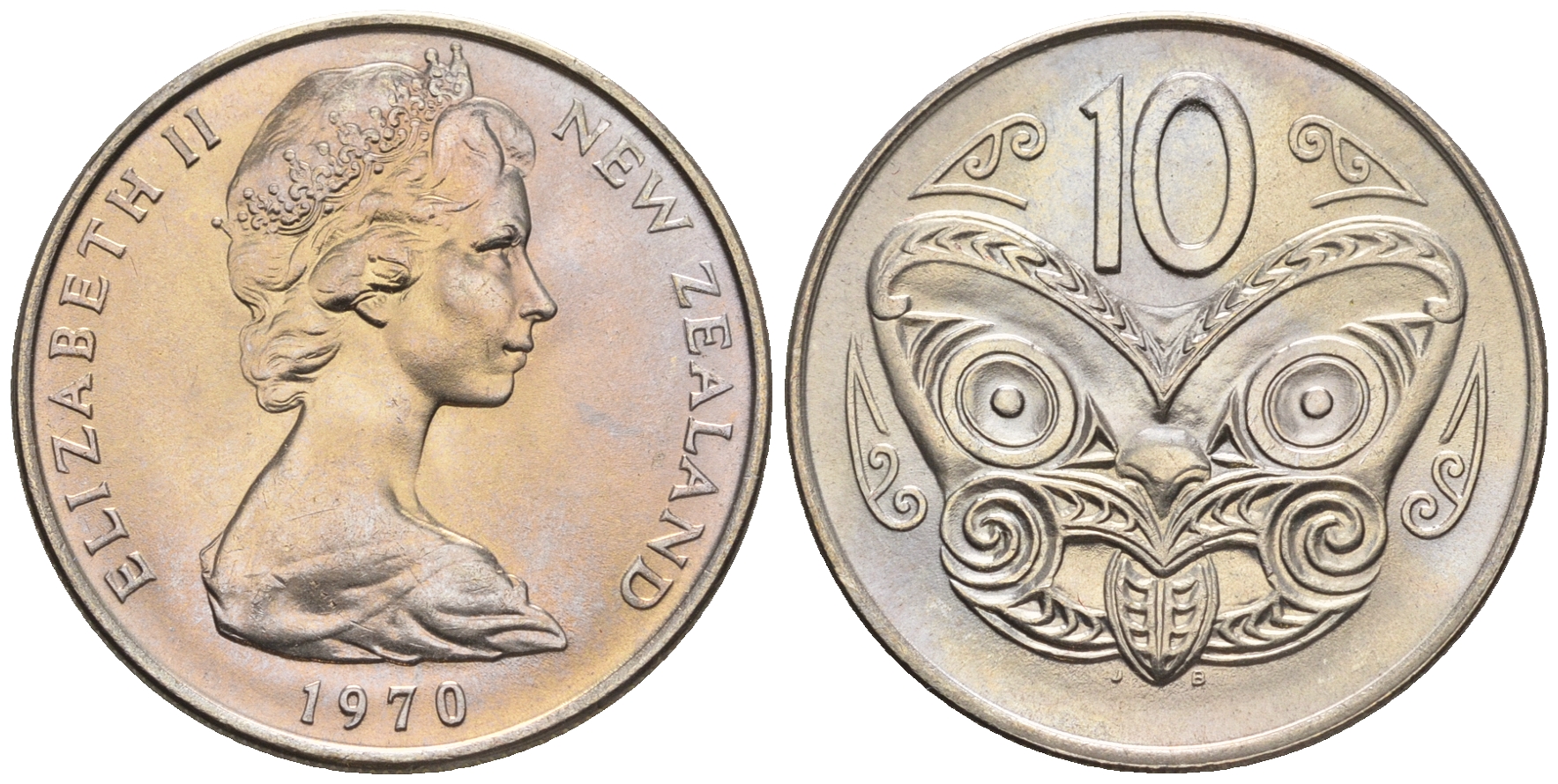 Новая Зеландия 10 центов 1970 Елизавета II (1952-2022), маска маори KM 41.1 медно-никель  UNC  4177-1233