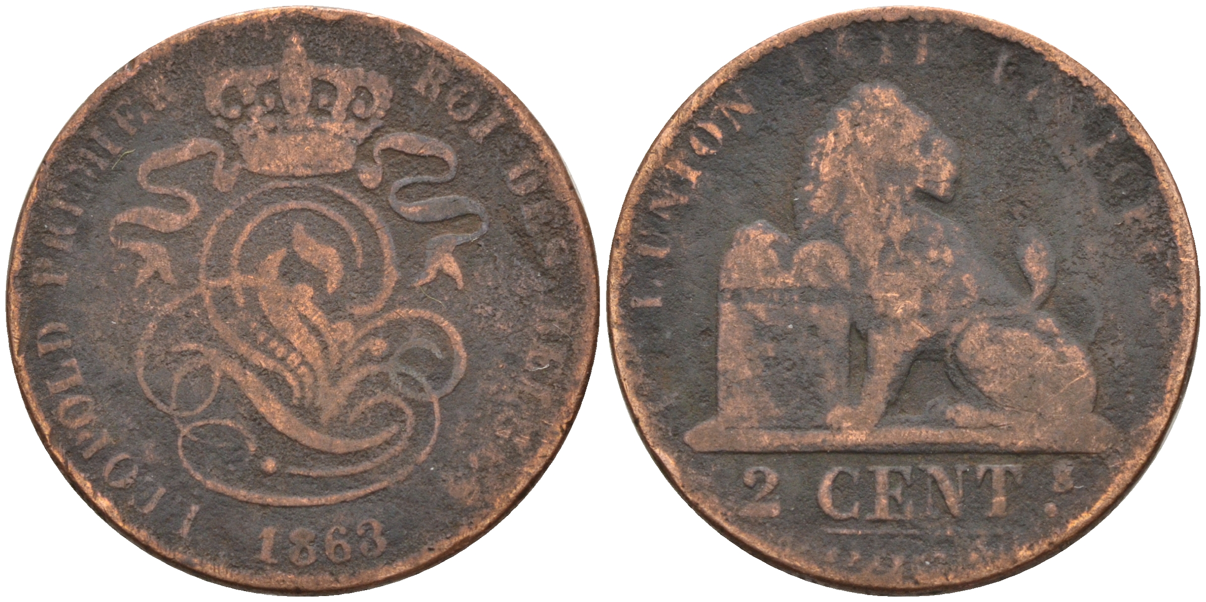 Бельгия 2 сантима 1863 Belges KM 4.2 медь 4595-157