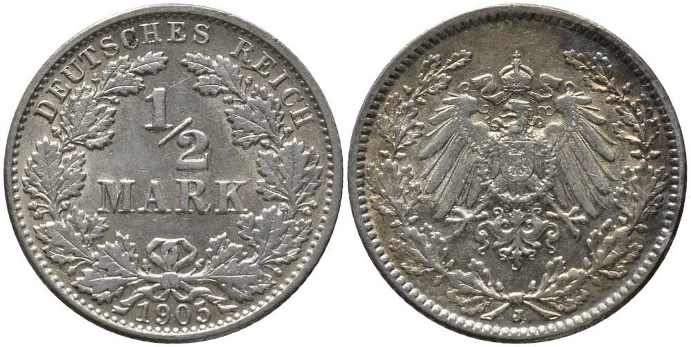 ГЕРМАНИЯ 1/2 МАРКИ 1905 J KM 17, J. 16, Weege 16 серебро 4448-754