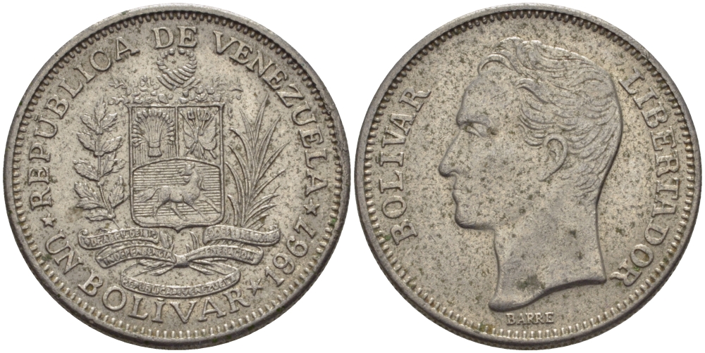 Венесуэла 1 боливар 1967 Симон Боливар KM 42 никель 31-517