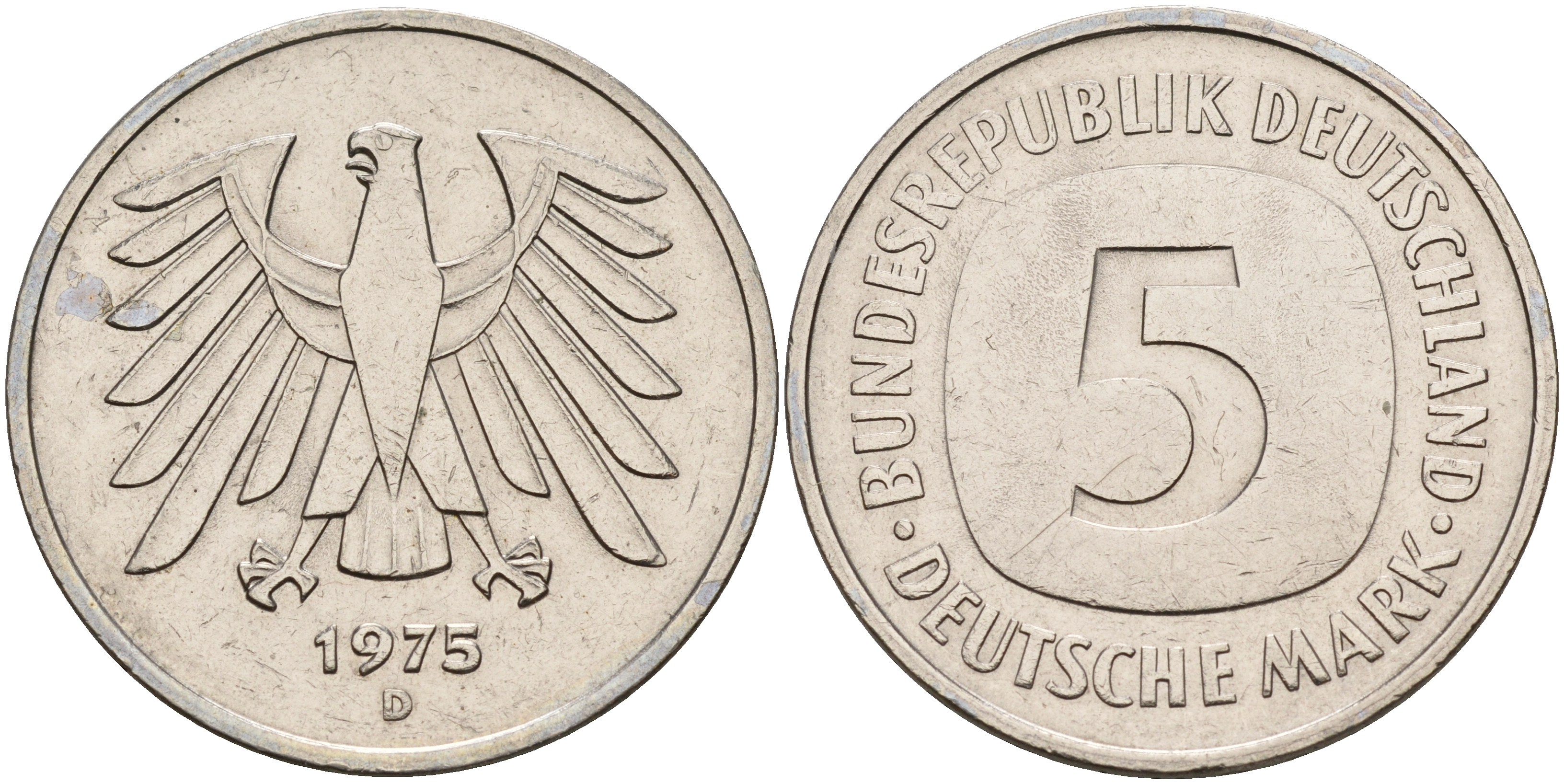 ФРГ 5 марок 1975 D, монетный двор Мюнхен КМ 140.1, J. 415 медно-никель плакированный никелем   4149-523