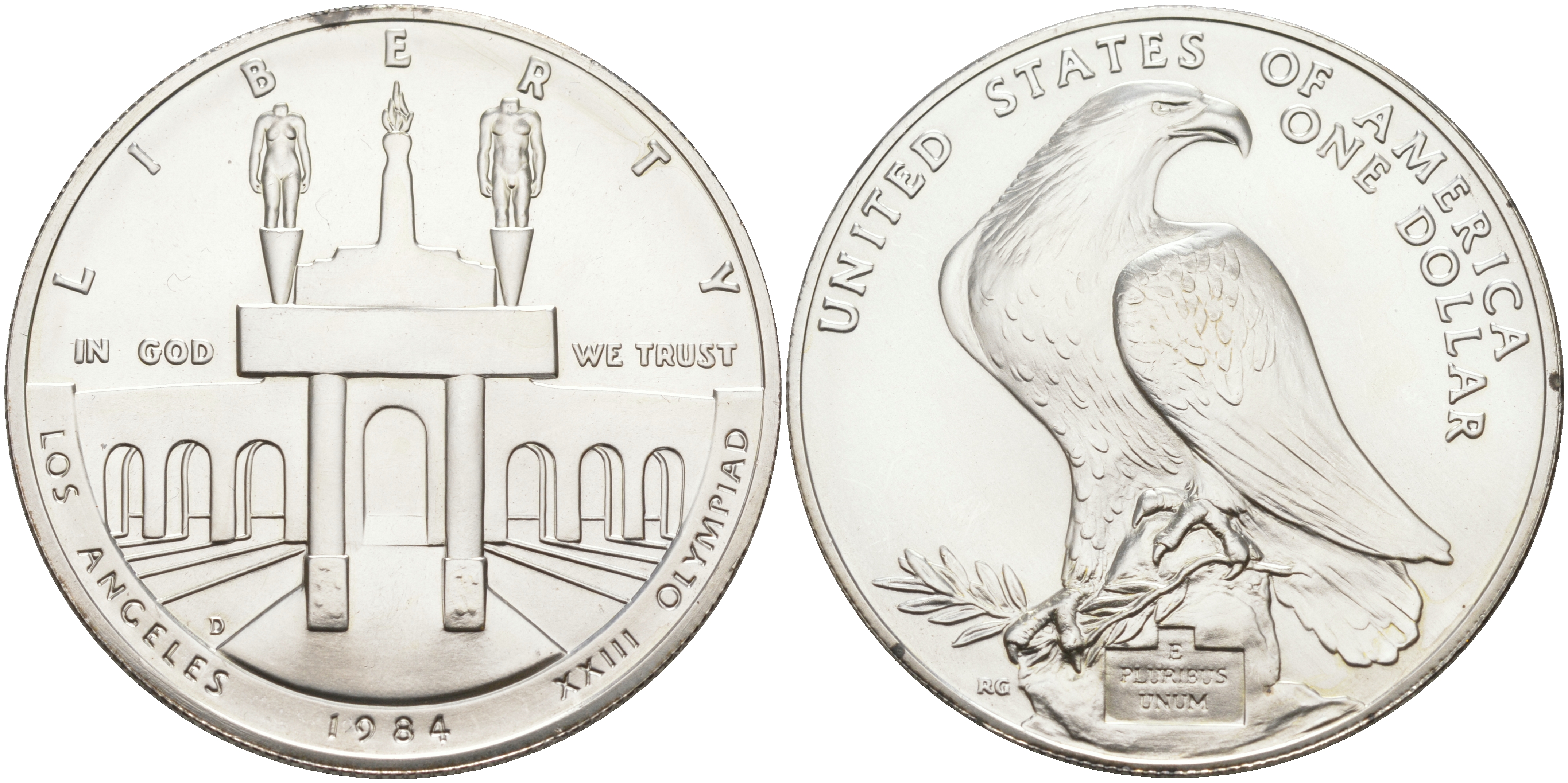 США 1 доллар 1984 XXII Олимпийские игры в Лос-Анжелесе, стадион, D KM 210 серебро UNC 00-00