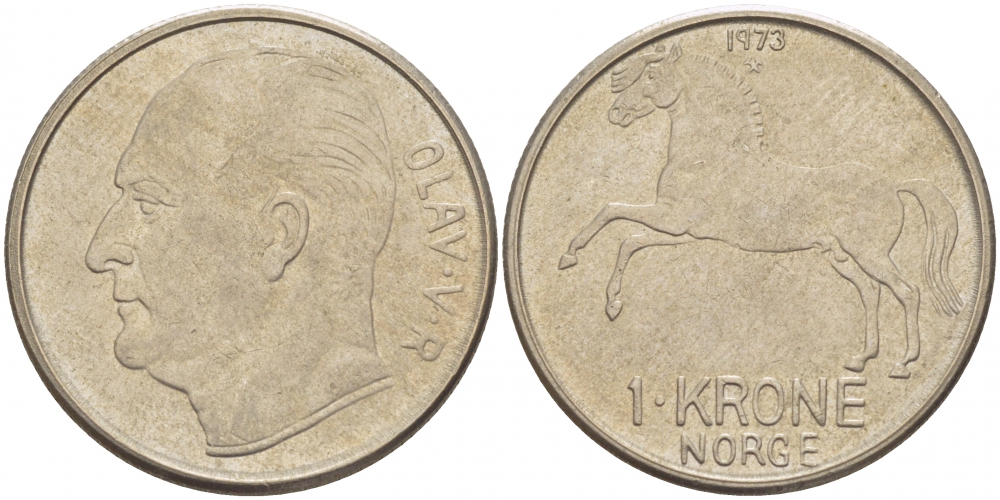 НОРВЕГИЯ 1 КРОНА 1973 ЛОШАДЬ KM 409 медно-никель 3851-1256